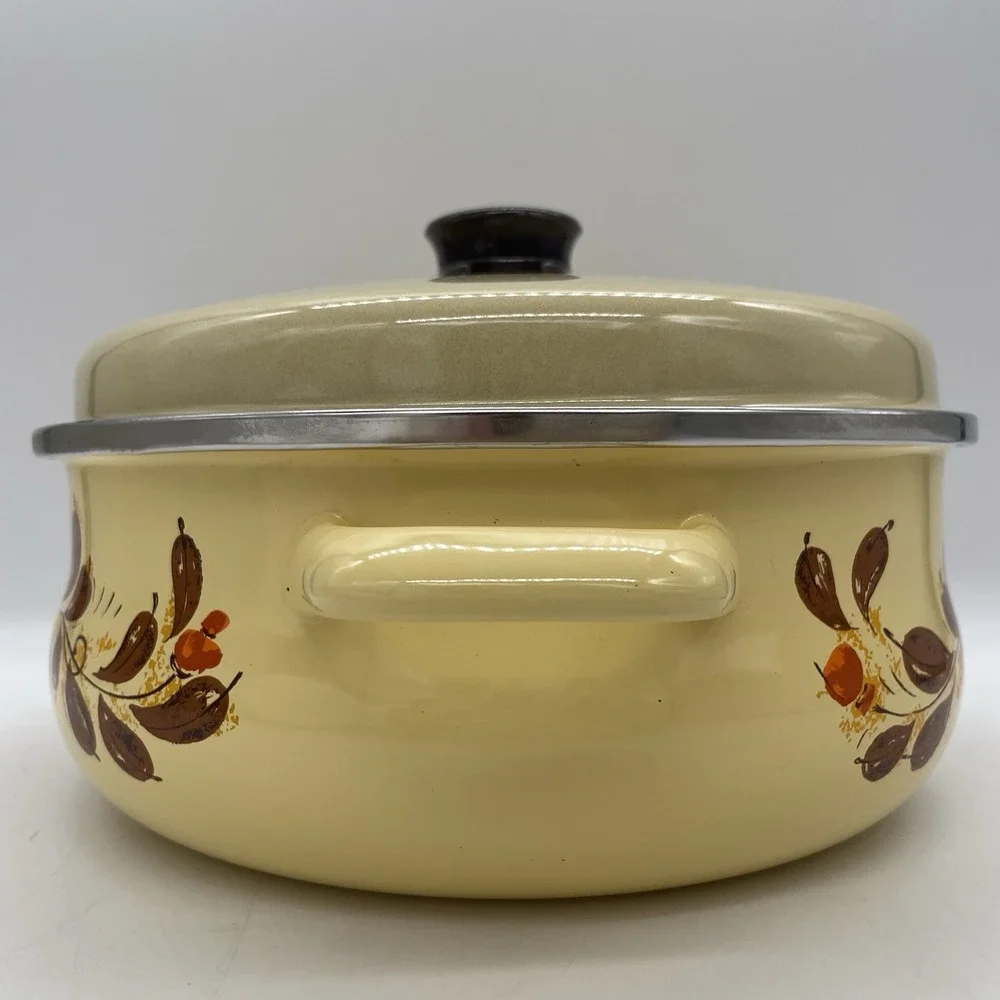 Vintage 1982 GHC Sears Yellow Enamelware Dutch Oven Stockpot‎ Poppy Floral Retro